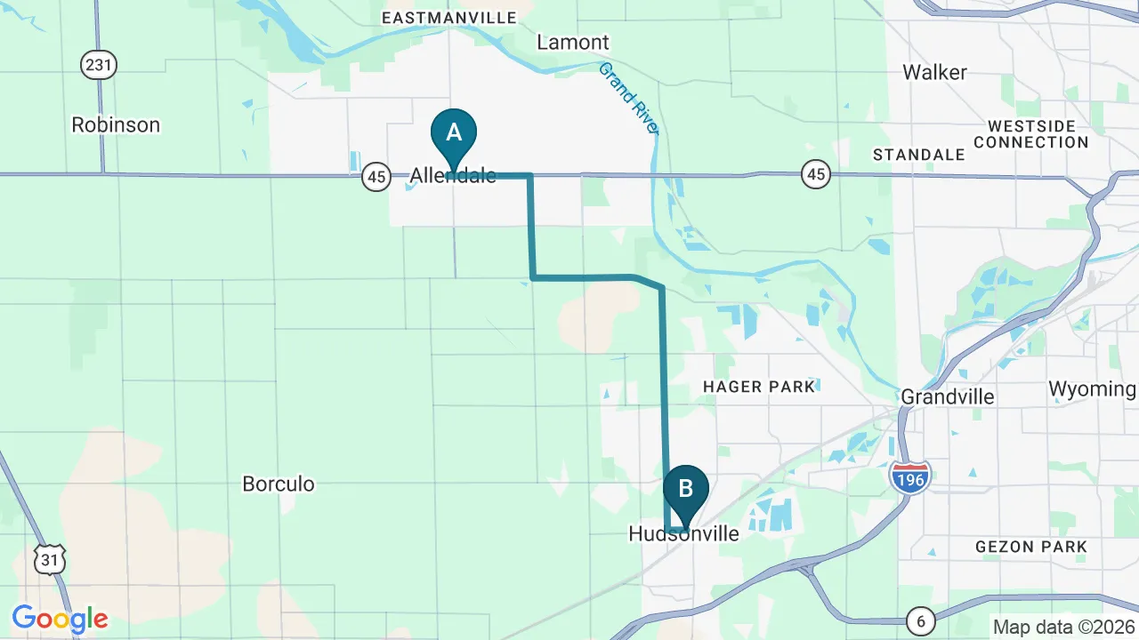 Driving directions map from Allendale, MI to Sovereign Light Chiropractic in Suwanee