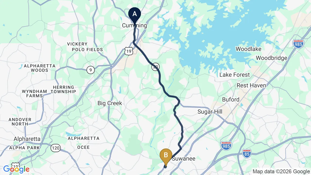 Driving directions map from Cumming, GA to Sovereign Light Chiropractic in Suwanee