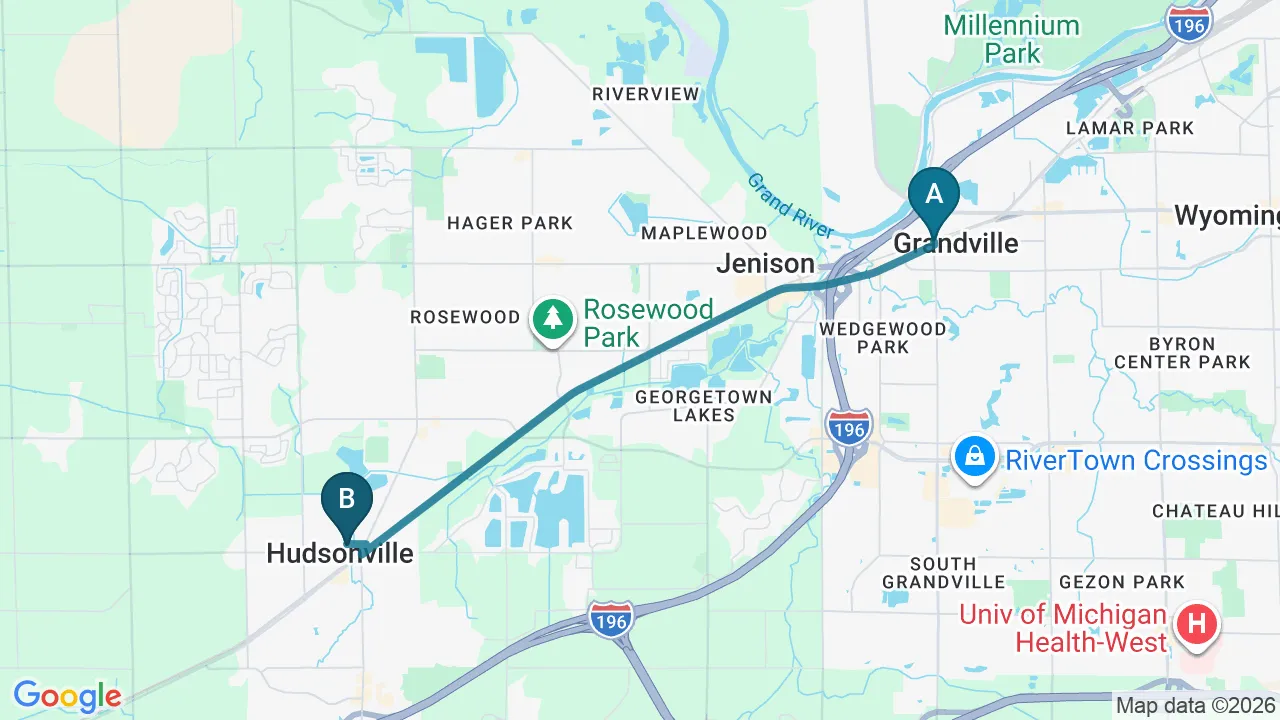 Driving directions map from Grandville, MI to Sovereign Light Chiropractic in Suwanee