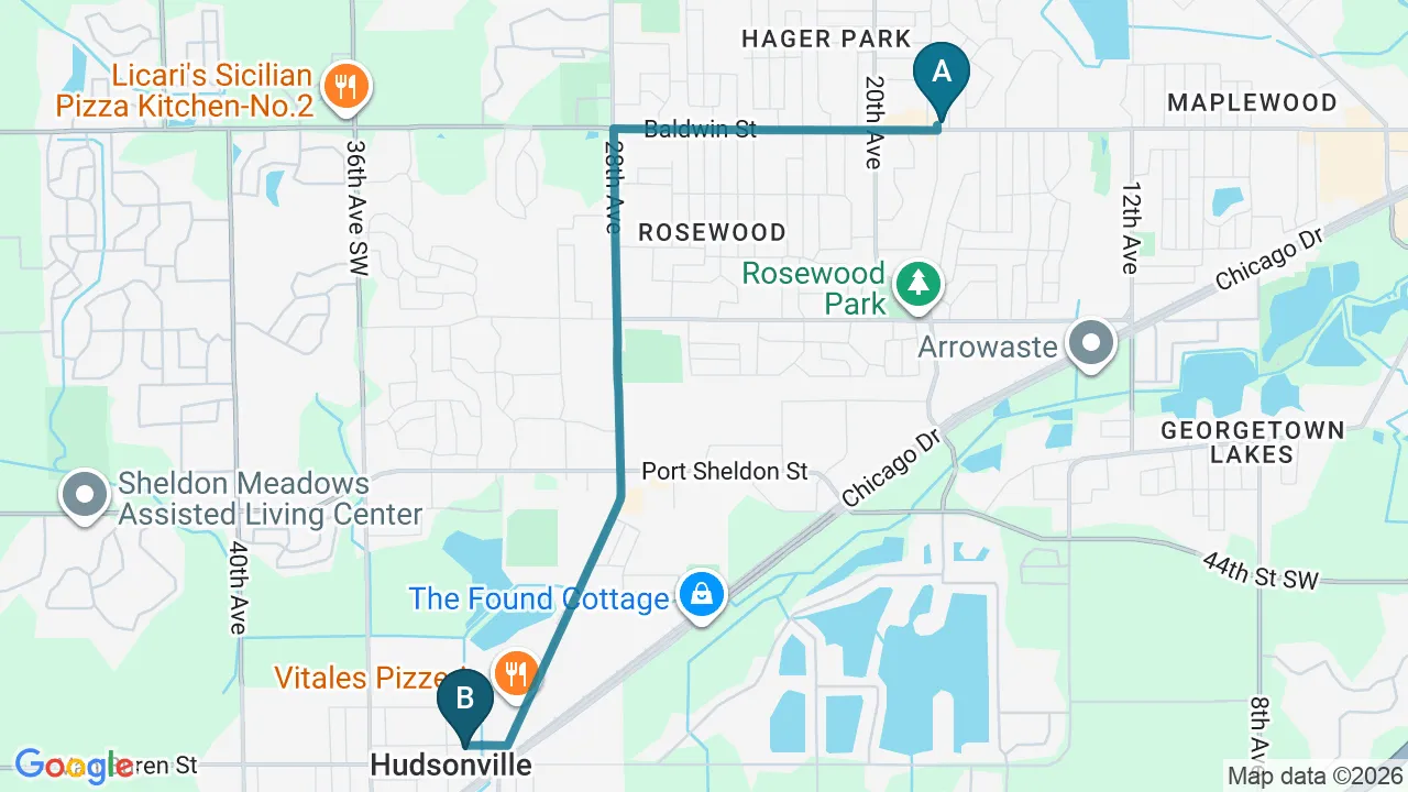 Driving directions map from Jenison, MI to Sovereign Light Chiropractic in Suwanee
