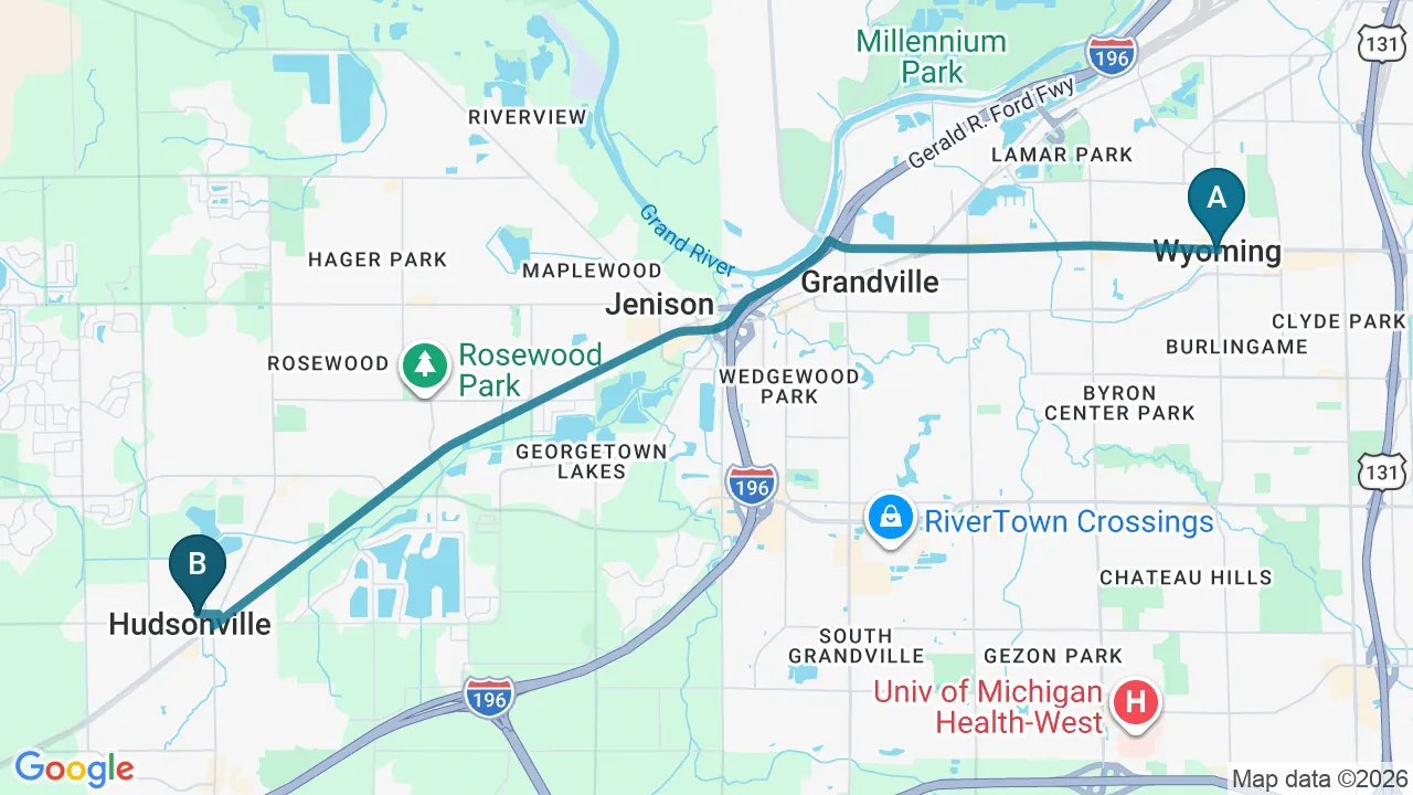 Driving directions map from Wyoming, MI to Sovereign Light Chiropractic in Suwanee