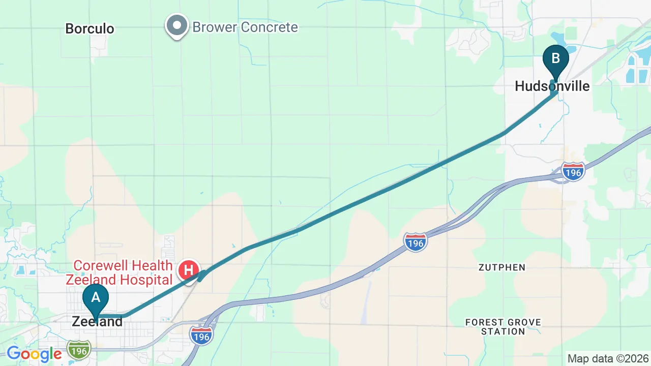 Driving directions map from Zeeland, MI to Sovereign Light Chiropractic in Suwanee